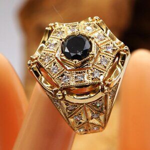 Huge 1.82C Black Diamond & 1.25C Diamond Geometric 14K Ring Size 10